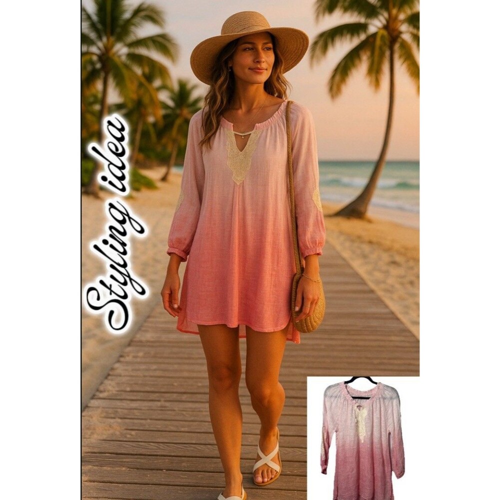 Boho Pink Ombre Peasant Tunic Top Medium Lace Trim Long Sleeve Blouse Festival